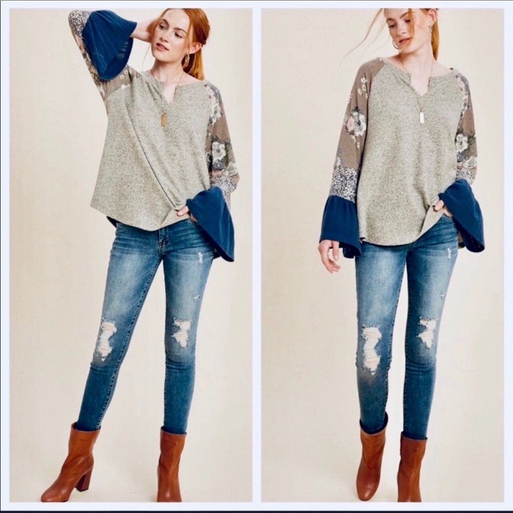 NWT Gray Top W/Contrasting Bell Sleeves Sizes M, L